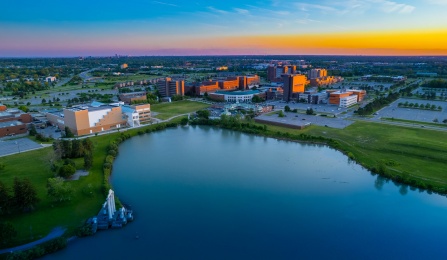 Aerial images of North Campus taken around Lake La Salle at sunset in June 2021. 