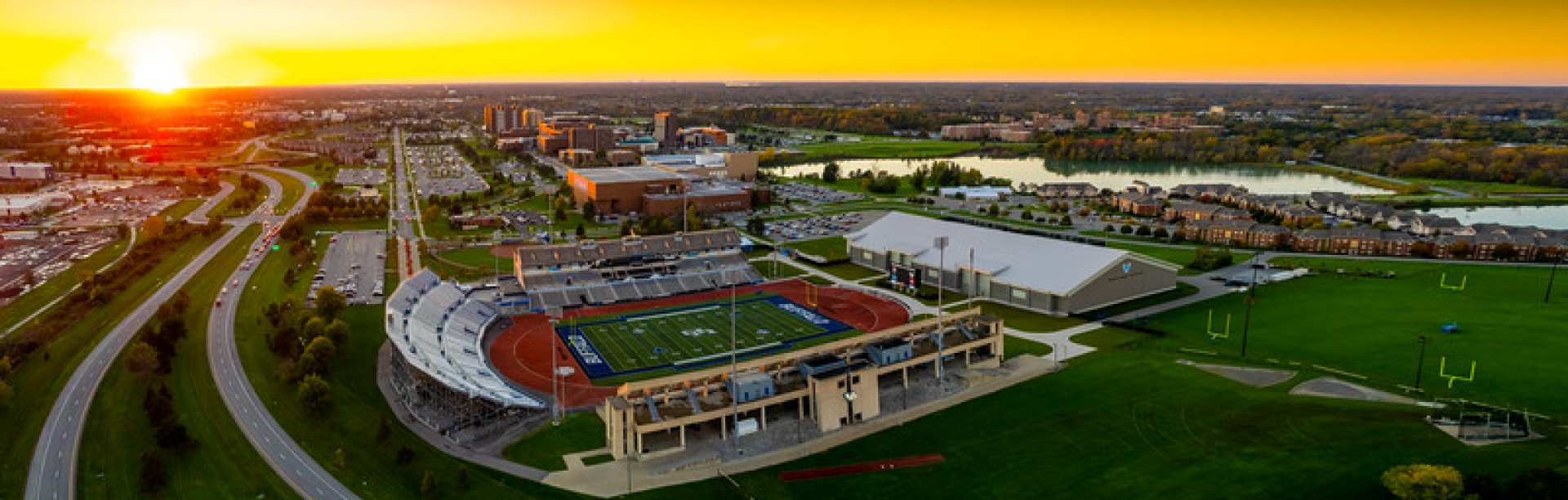 Aerial view of North Campus during a golden sunset. 