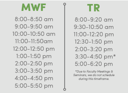 an image of the standard time frame schedule: Mondays Wednesdays and Fridays 8:00-8:50 and every hour after and Tuesdays and Thursday 8:00-9:20 every 80 minutes after with 10 minute gaps. 