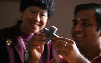 Deborah Chung with a student in the Composite Materials Research Laboratory. 
